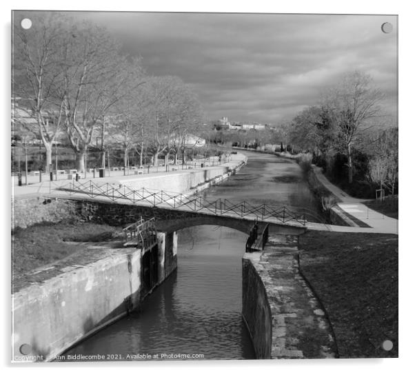 Black and White, Canal du Midi at Beziers looking  Acrylic by Ann Biddlecombe