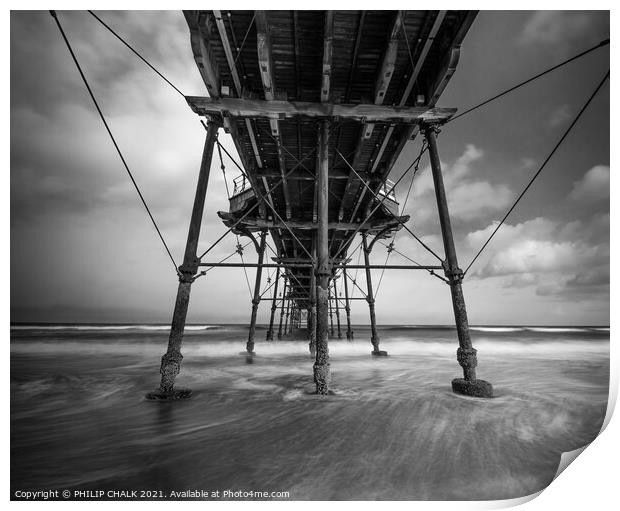 Saltburn by the sea Pier black and white 92 Print by PHILIP CHALK