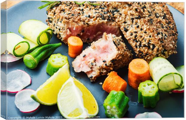 Tuna meat with vegetables Canvas Print by Mykola Lunov Mykola