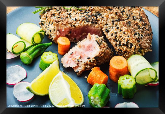 Tuna meat with vegetables Framed Print by Mykola Lunov Mykola