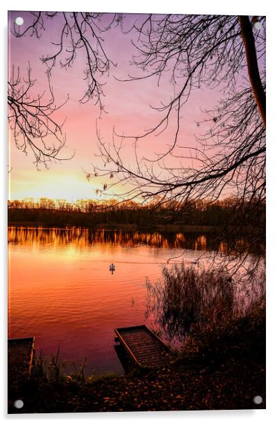 Jetty Sunrise at Coate Water Swindon Acrylic by Reidy's Photos