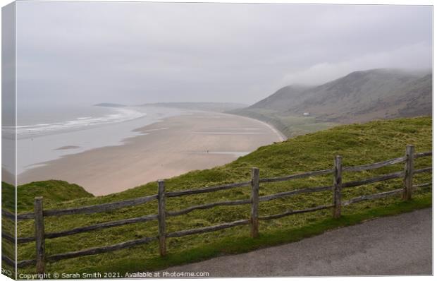 Misty Day at Rhossili Bay  Canvas Print by Sarah Smith