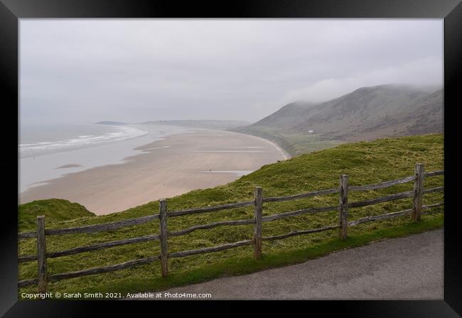 Misty Day at Rhossili Bay  Framed Print by Sarah Smith