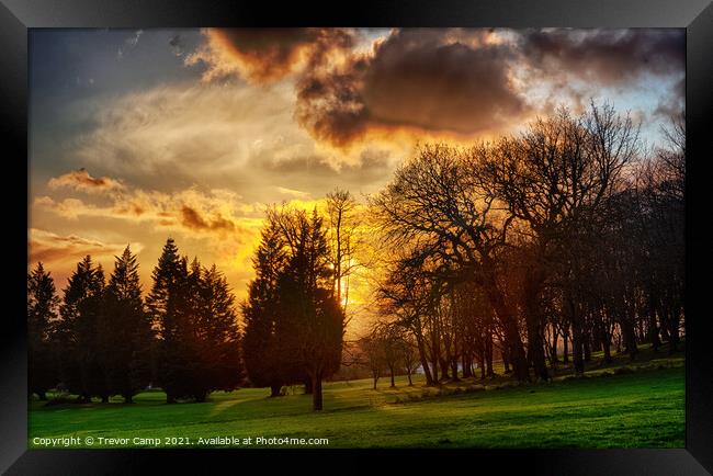 Fiery Golf Course Sunset Framed Print by Trevor Camp