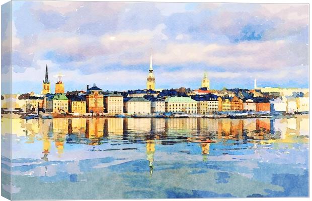 Water color of Gamla Stan in Stockholm Canvas Print by Steve Heap