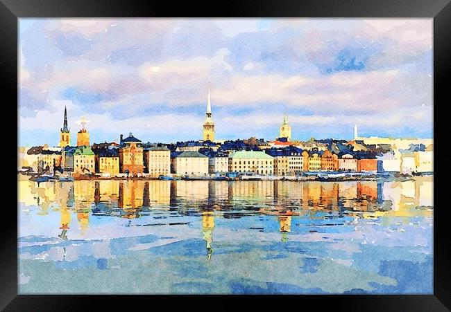 Water color of Gamla Stan in Stockholm Framed Print by Steve Heap