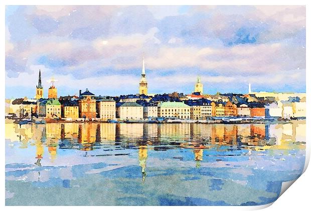 Water color of Gamla Stan in Stockholm Print by Steve Heap