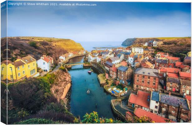 Staithes Harbour From The Hill. Canvas Print by Steve Whitham