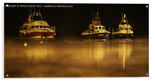 Three tour boats on moorings. Acrylic by Richard Smith
