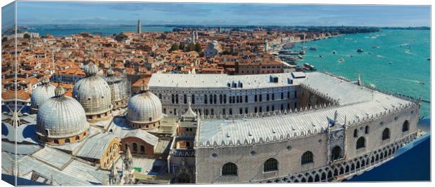 Venice, Italy: Panorama wide angle aerial drone shot of Venice city by the mediterranean sea. Venezia or Venice cityscape from above Canvas Print by Arpan Bhatia