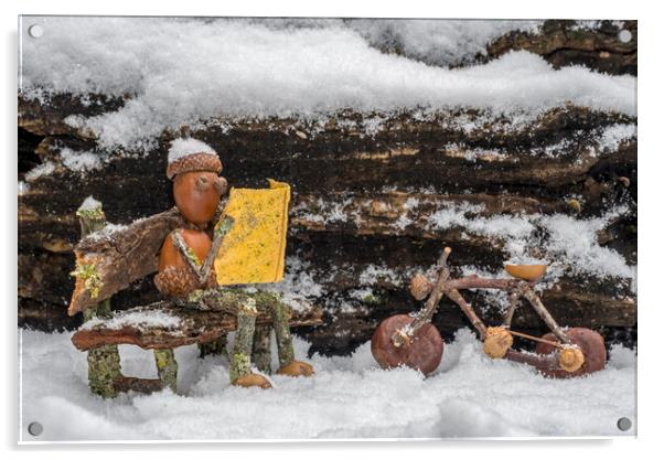 Little Acorn Man Reading Newspaper in the Snow Acrylic by Arterra 