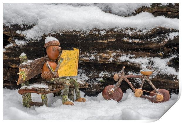 Little Acorn Man Reading Newspaper in the Snow Print by Arterra 