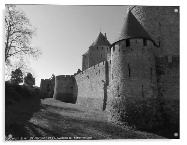 Black and White of the outer wall of the Medieval  Acrylic by Ann Biddlecombe
