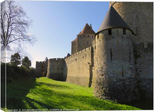 The outer wall of the Medieval town in Carcassonne Canvas Print by Ann Biddlecombe