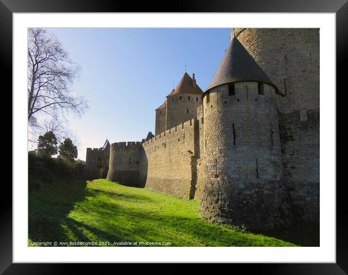 The outer wall of the Medieval town in Carcassonne Framed Mounted Print by Ann Biddlecombe