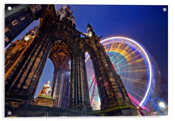 The Scott Monument in Edinburgh with Ferris wheel. Acrylic by Andrea Obzerova