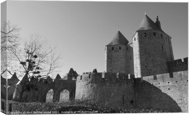 Medieval Town in Carcassonne in Black and White Canvas Print by Ann Biddlecombe