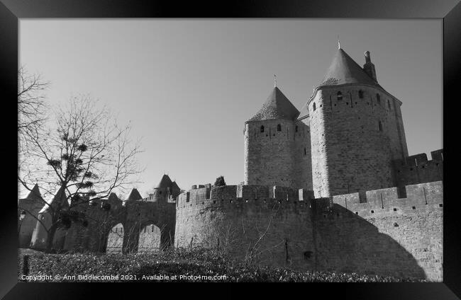 Medieval Town in Carcassonne in Black and White Framed Print by Ann Biddlecombe