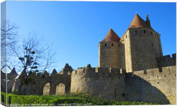 Medieval Town in Carcassonne Canvas Print by Ann Biddlecombe