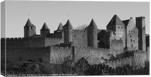 The Medieval Town of  Carcassonne in Black and Whi Canvas Print by Ann Biddlecombe