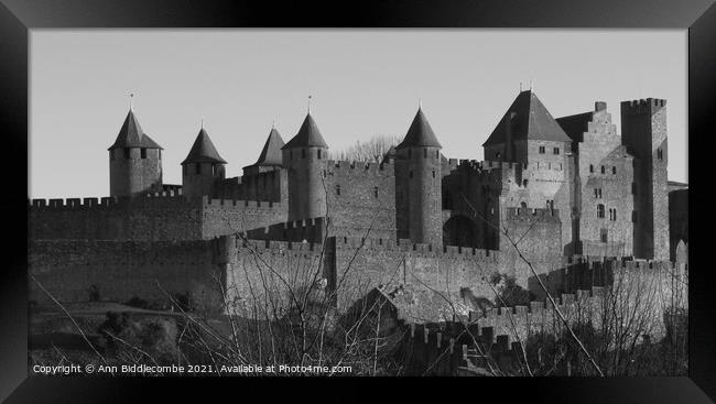 The Medieval Town of  Carcassonne in Black and Whi Framed Print by Ann Biddlecombe