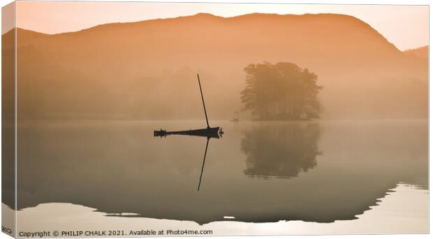 Lone boat on a misty Coniston water 109 Canvas Print by PHILIP CHALK