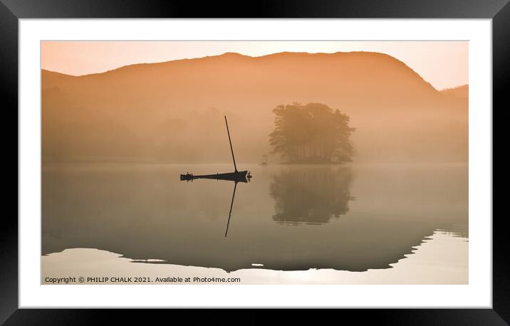 Lone boat on a misty Coniston water 109 Framed Mounted Print by PHILIP CHALK