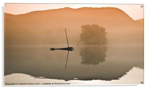 Lone boat on a misty Coniston water 109 Acrylic by PHILIP CHALK