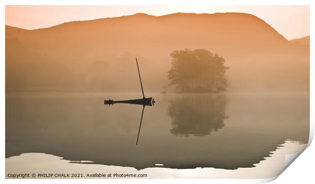 Lone boat on a misty Coniston water 109 Print by PHILIP CHALK