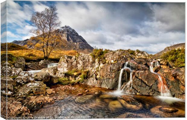 Buachaille Etive Mor with River Coupall waterfalls Canvas Print by Chris Drabble