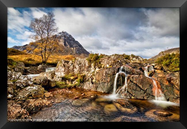 Buachaille Etive Mor with River Coupall waterfalls Framed Print by Chris Drabble