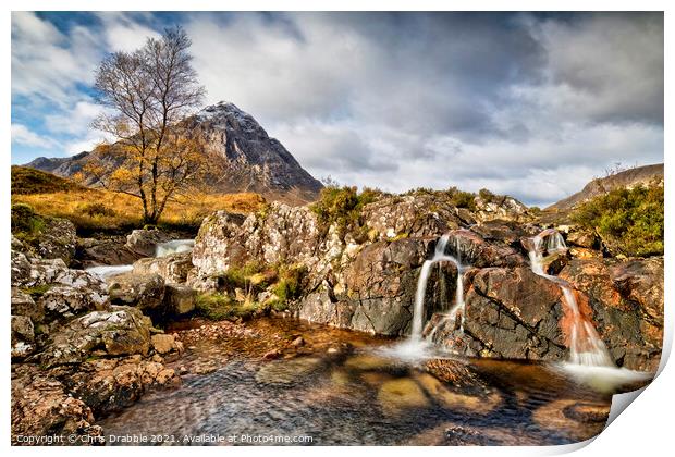 Buachaille Etive Mor with River Coupall waterfalls Print by Chris Drabble