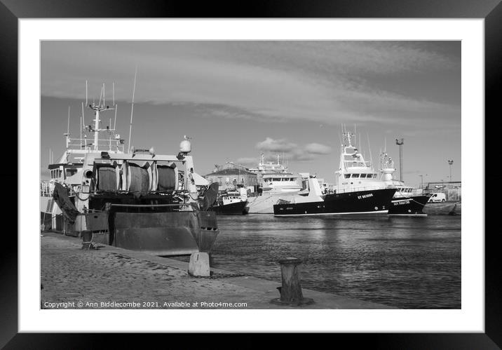 Black and white French fishing boats in Sete Framed Mounted Print by Ann Biddlecombe