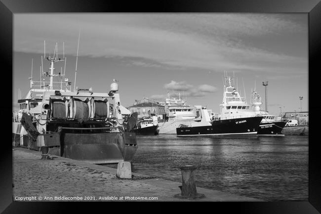 Black and white French fishing boats in Sete Framed Print by Ann Biddlecombe