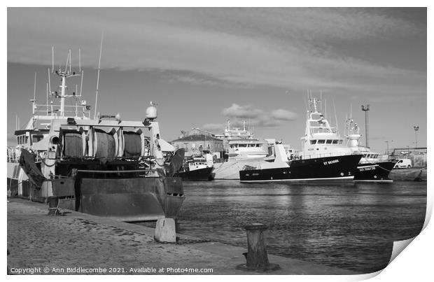 Black and white French fishing boats in Sete Print by Ann Biddlecombe