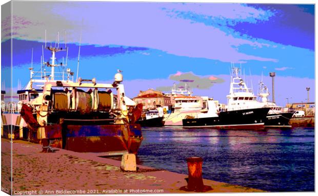  Polarized French fishing boats in Sete Canvas Print by Ann Biddlecombe