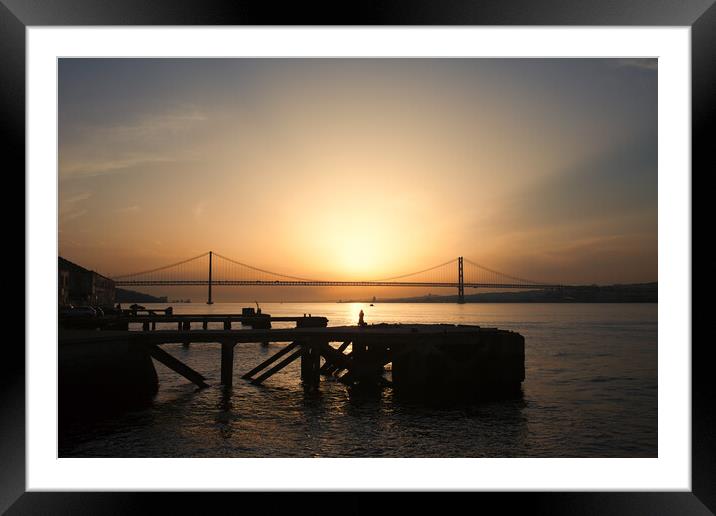 Sunset at Almada Quay and 25 de Abril Bridge in Lisbon Framed Mounted Print by Artur Bogacki