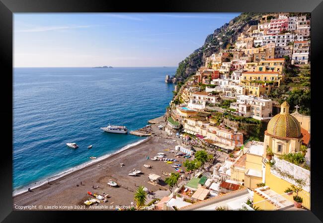 Positano Beach in autumn Framed Print by Laszlo Konya