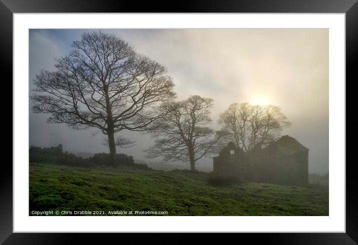 Roach End Barn shrouded in mist (7) Framed Mounted Print by Chris Drabble