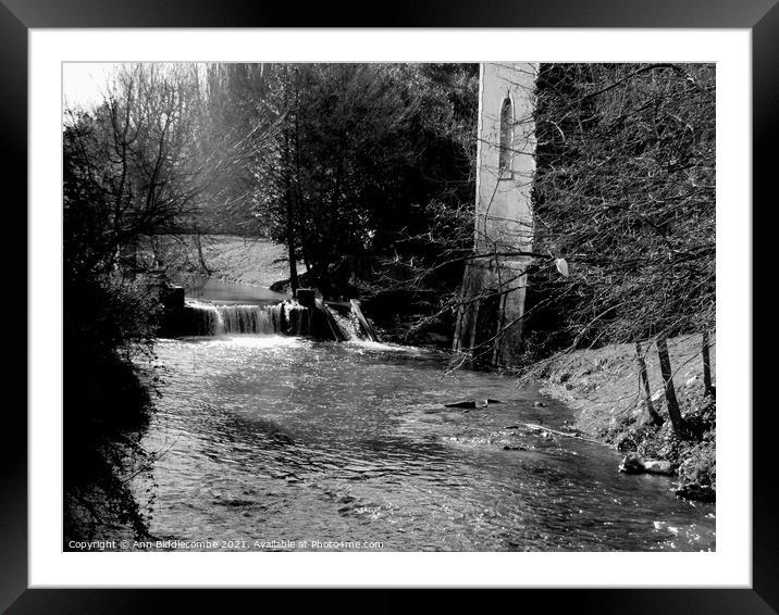 Stream in Carcassonne. black and white Framed Mounted Print by Ann Biddlecombe