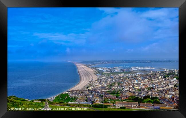 Chesil Beach from Portland Heights, Dorset Coast Framed Print by Tracey Turner
