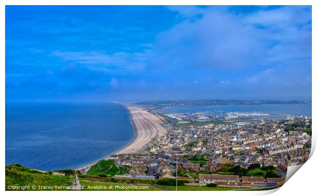 Chesil Beach from Portland Heights, Dorset Coast Print by Tracey Turner