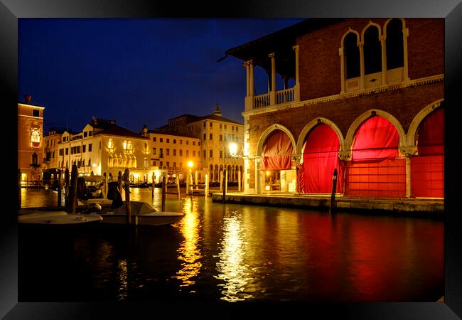 Venice at night, Rialto market Framed Print by Jeanette Teare