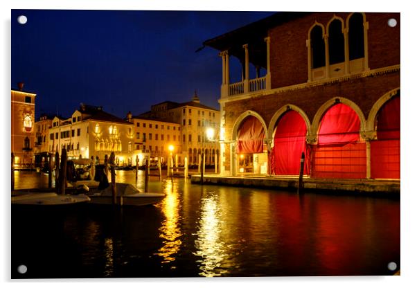 Venice at night, Rialto market Acrylic by Jeanette Teare