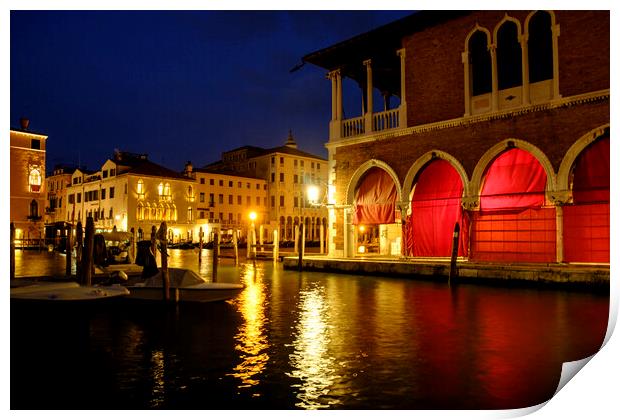 Venice at night, Rialto market Print by Jeanette Teare