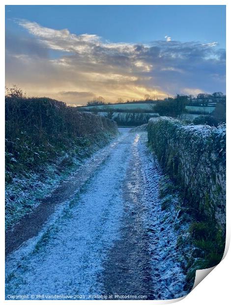 Snow dusting on a Devon lane Print by Phil Vandenhove