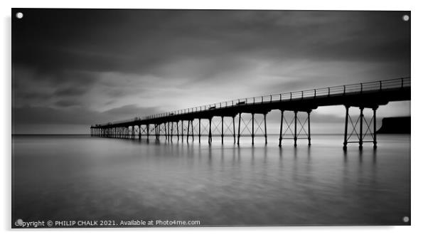 Saltburn pier in black and white  Acrylic by PHILIP CHALK
