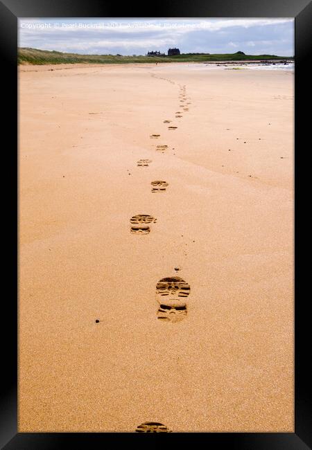 Footprints on Fife Coastal Path Across a Beach Framed Print by Pearl Bucknall