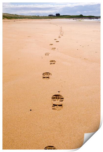 Footprints on Fife Coastal Path Across a Beach Print by Pearl Bucknall