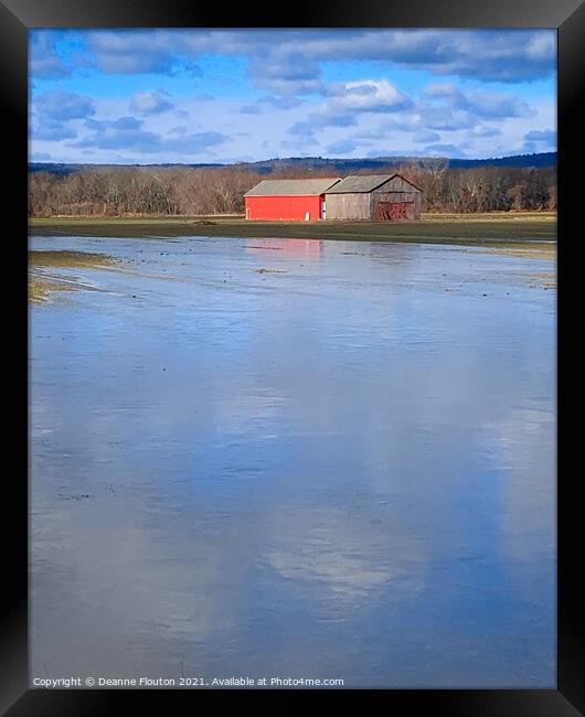 Winter wonderland Red barn and ice pond Framed Print by Deanne Flouton